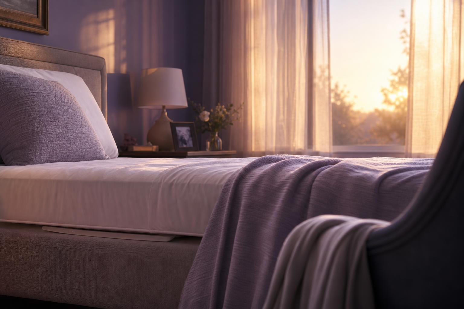 Dignified elderly bedroom at dawn with SlumberTek under-mattress presence sensor