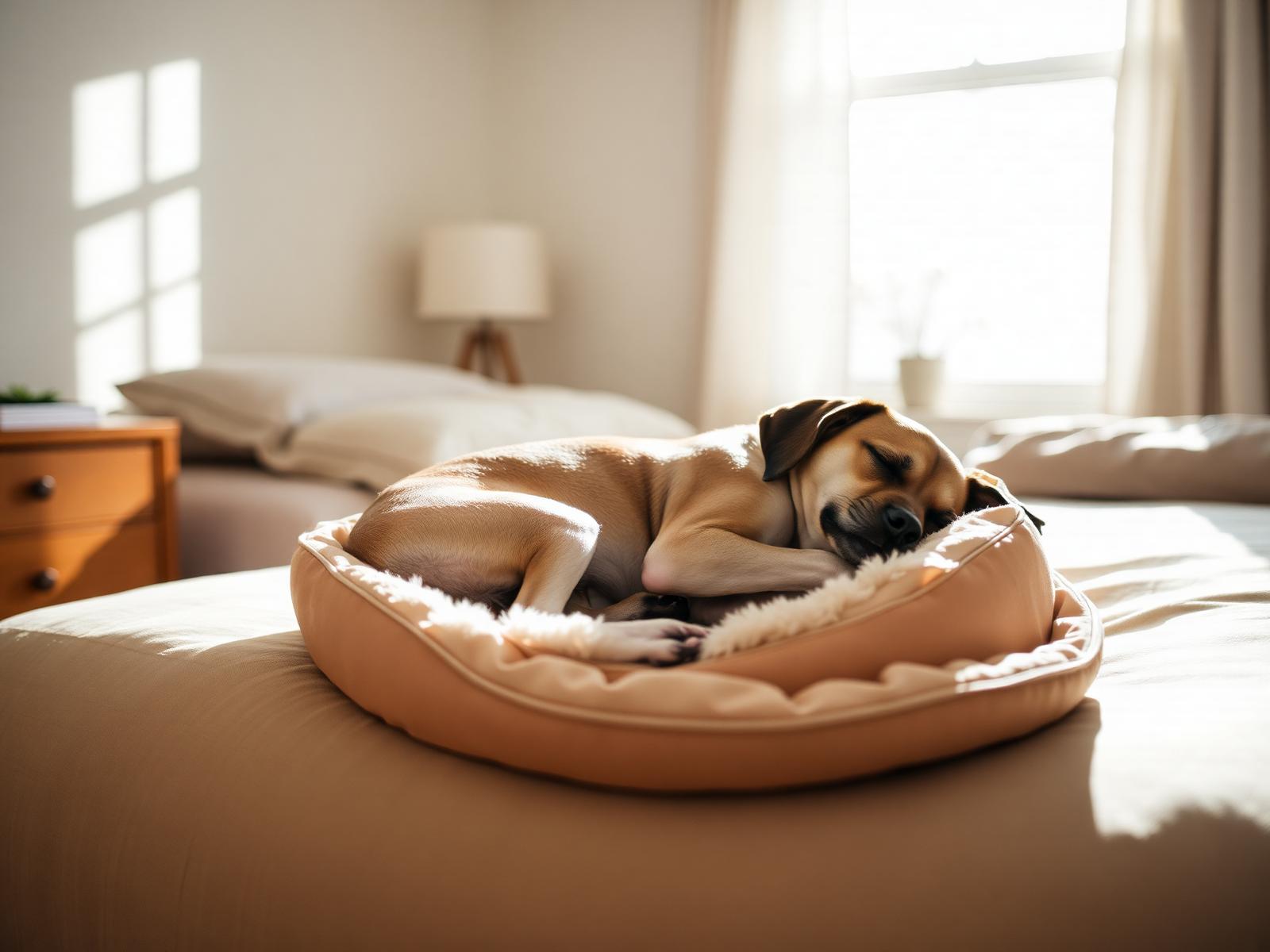 Dog napping on a pet bed in a sunlit bedroom with a TrampleTek Blue mat nearby