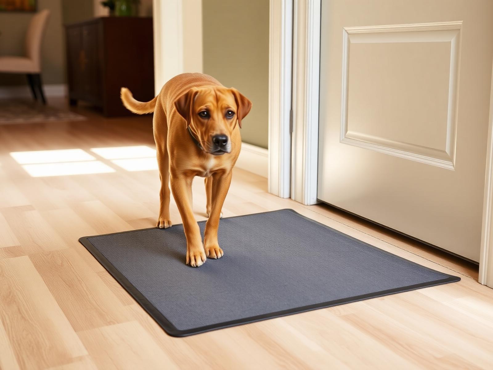 Brown dog stepping onto a TrampleTek Blue mat at an interior doorway
